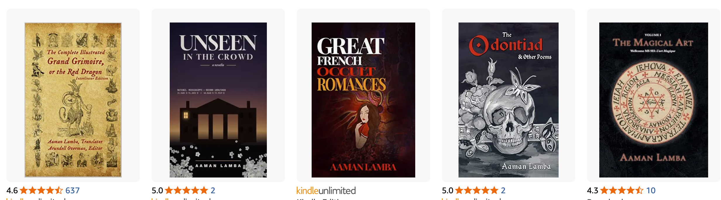 Row of Aaman Lamba book covers on Amazon: The Complete Illustrated Grand Grimoire, Unseen in the Crowd, Great French Occult Romances, The Odontiad, and The Magical Art Vol. 1